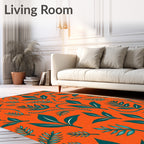 Vibrant Orange Teal Tropical Leaf Arrangement Rug