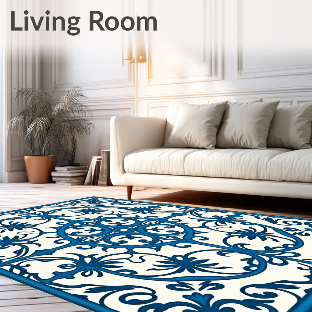 Deep Blue Victorian Floral Scroll Rug