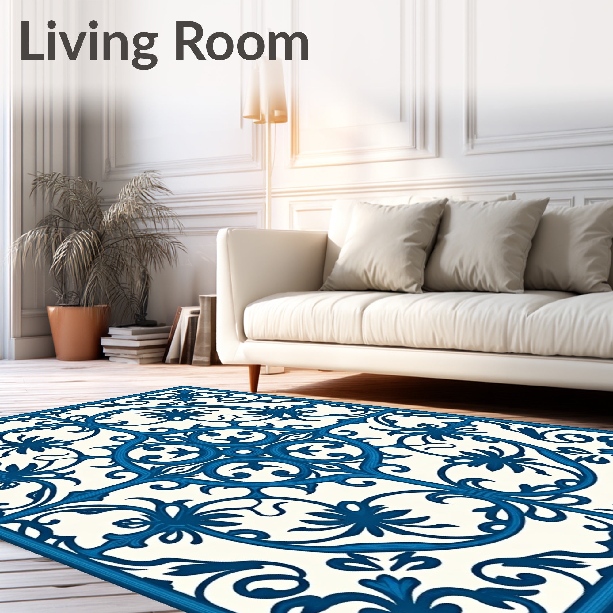 Deep Blue Victorian Floral Scroll Rug