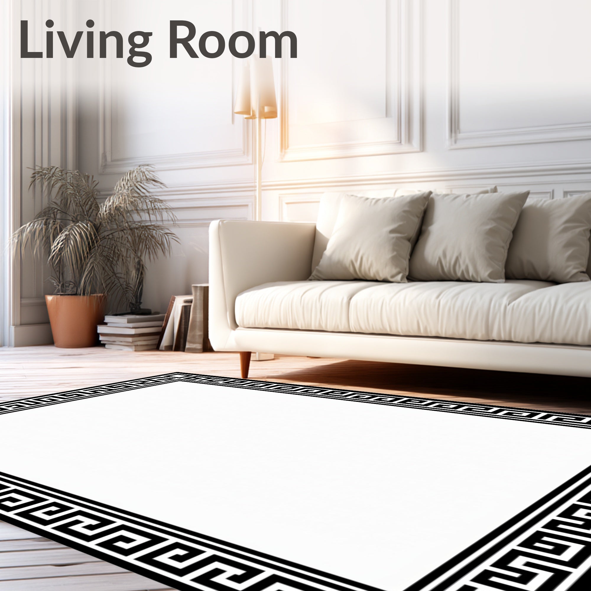 Black White Geometric Meander Border Rug
