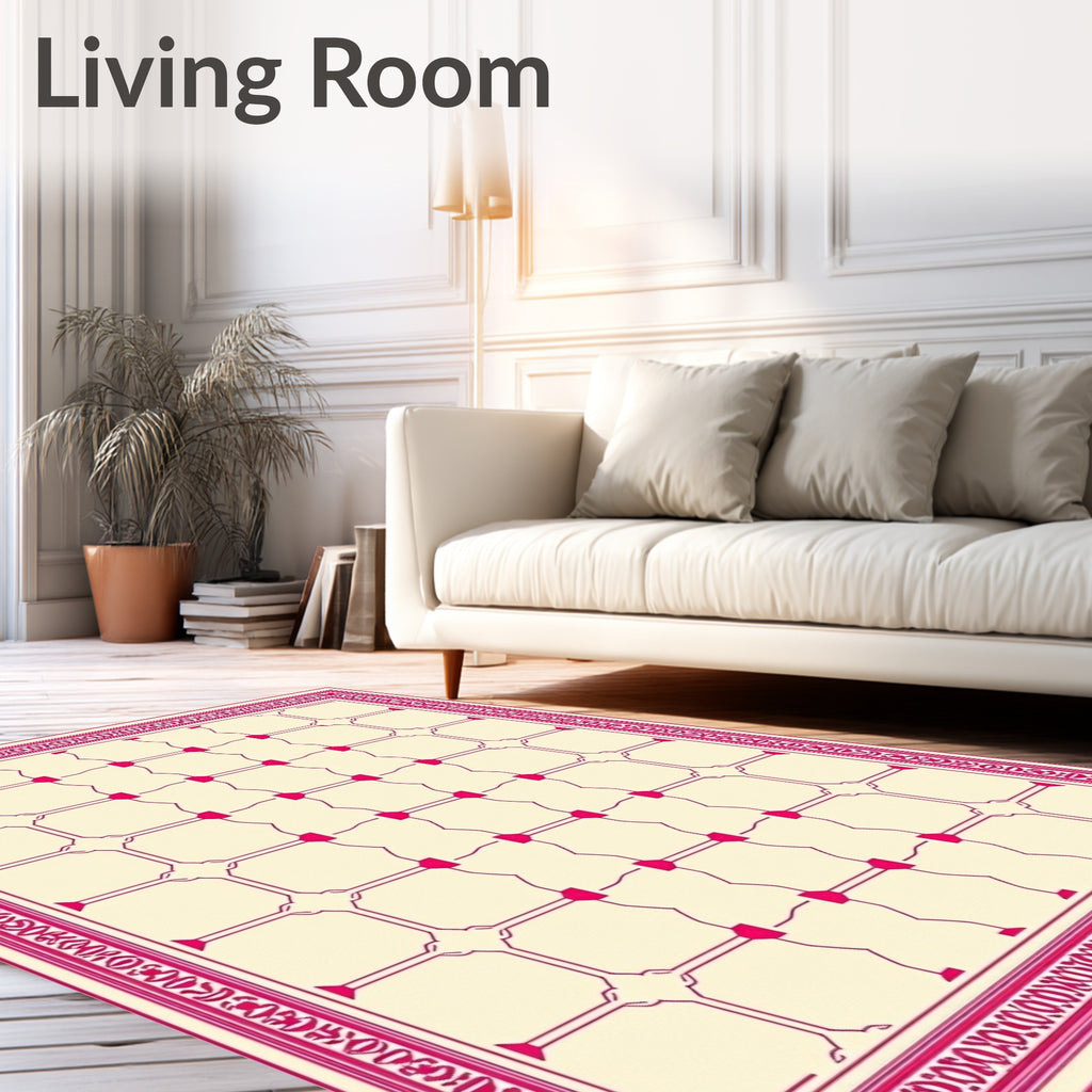 Crimson Lattice Bordered Geometric Field Rug