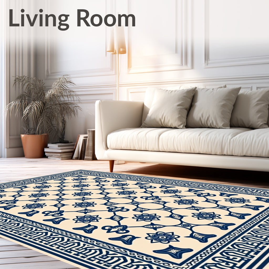 Navy Cream Floral Lattice Border Rug