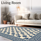 Navy Cream Floral Lattice Border Rug