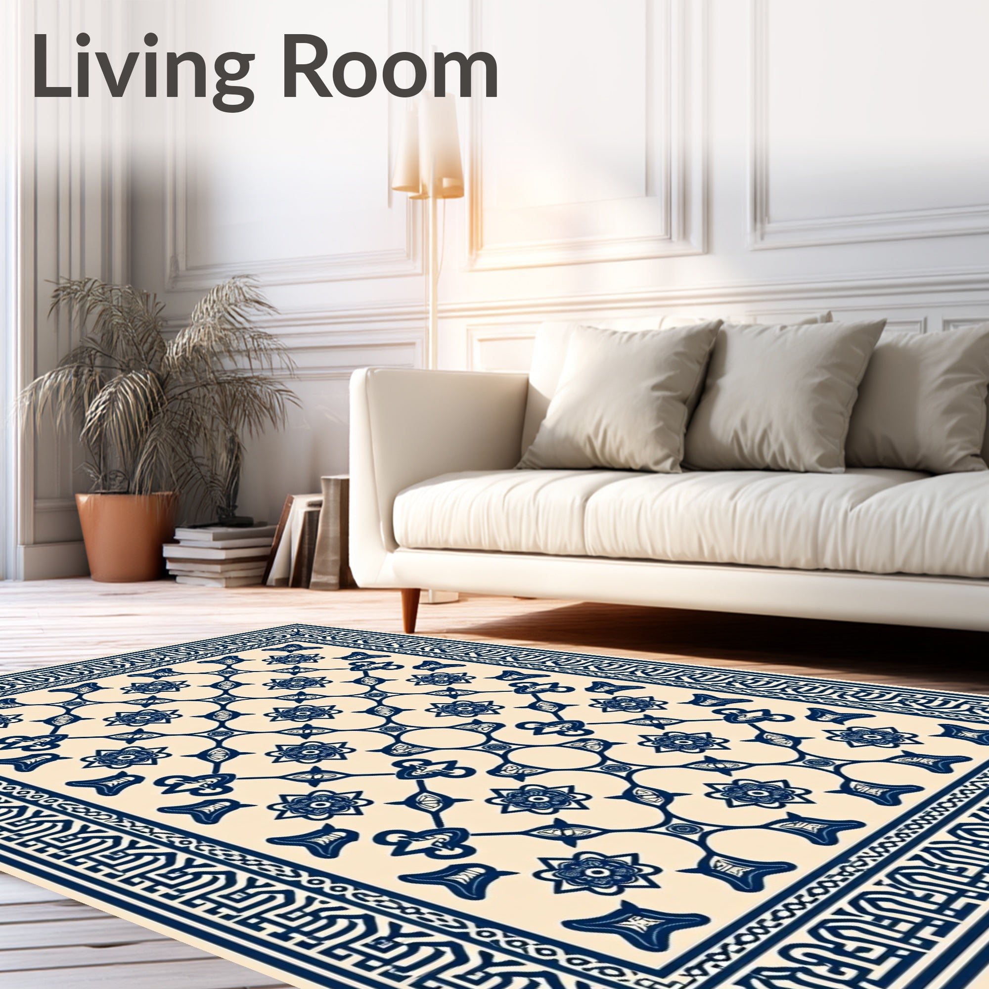 Navy Cream Floral Lattice Border Rug
