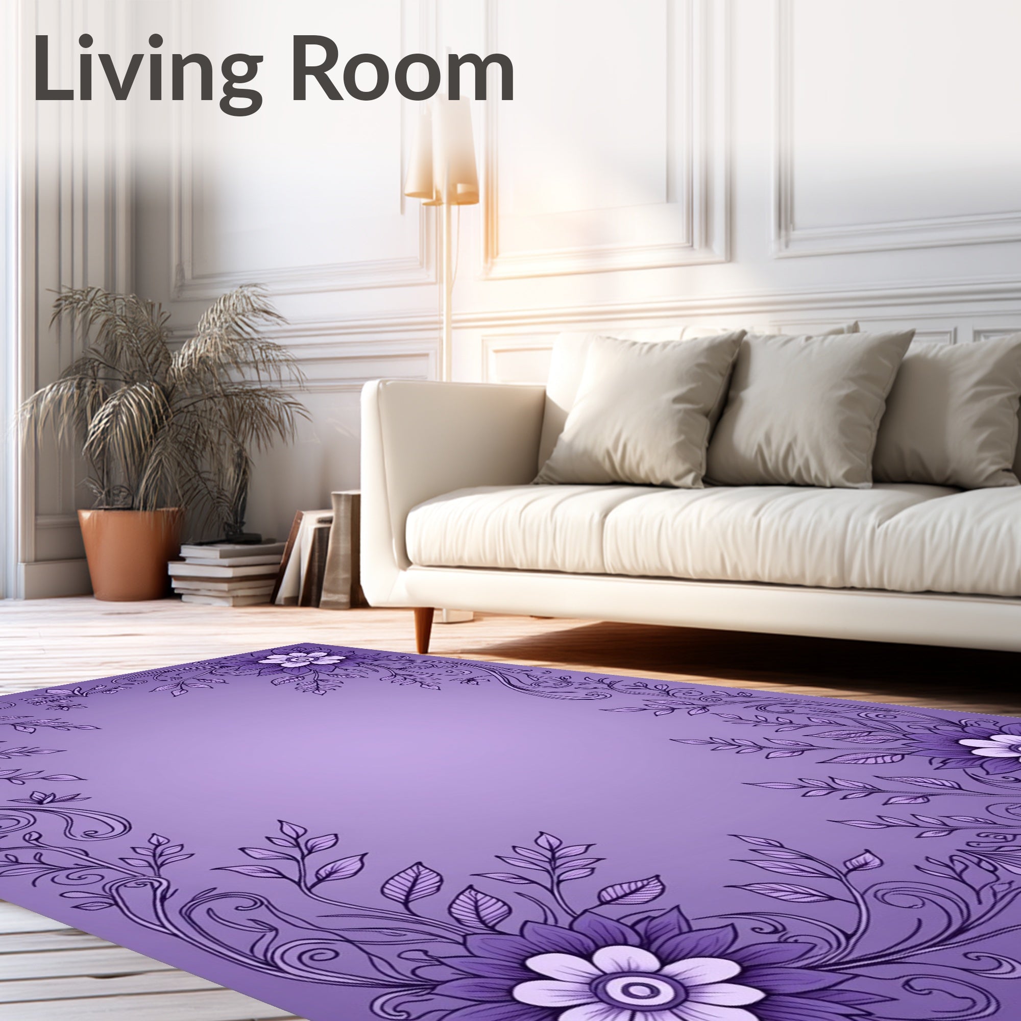 Ornate Purple Floral Scrollwork Border Rug
