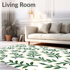 Dark Green Leafy Branches White Background Rug