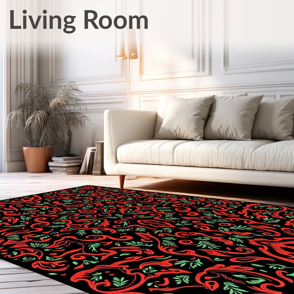 Red Black Blooming Floral Arabesque Rug