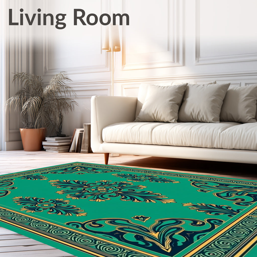 Emerald Green Teal Gilded Flourish Rug