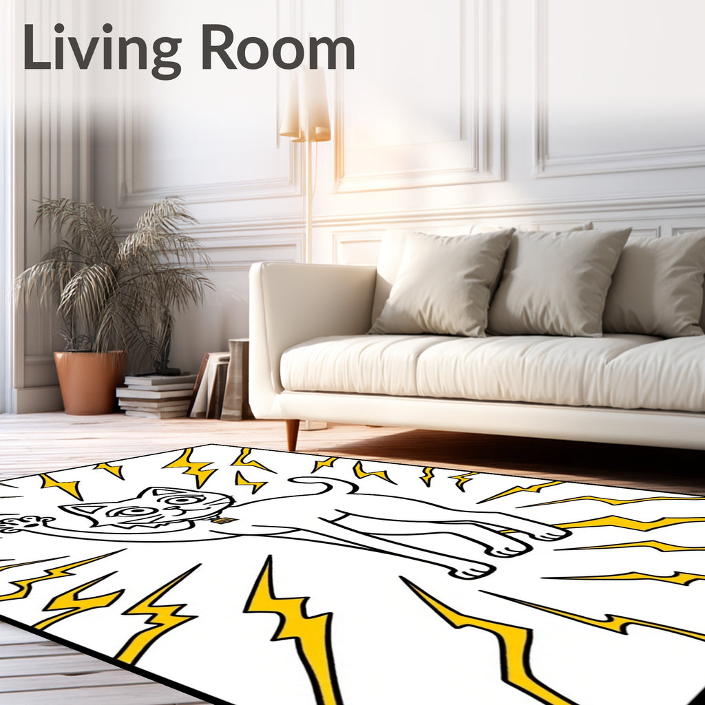Whimsical White Cat Yellow Lightning Burst Rug