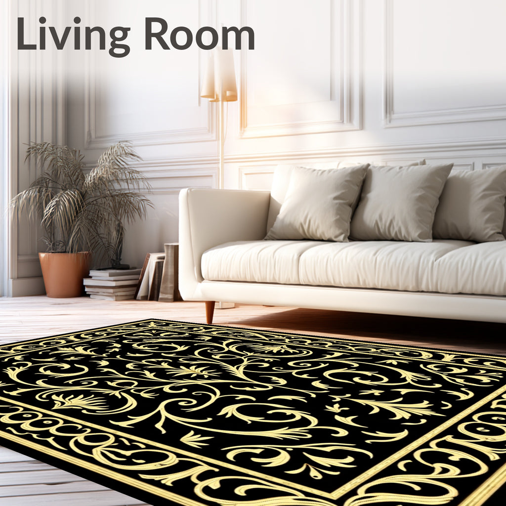 Black Gold Elaborate Floral Scroll Rug