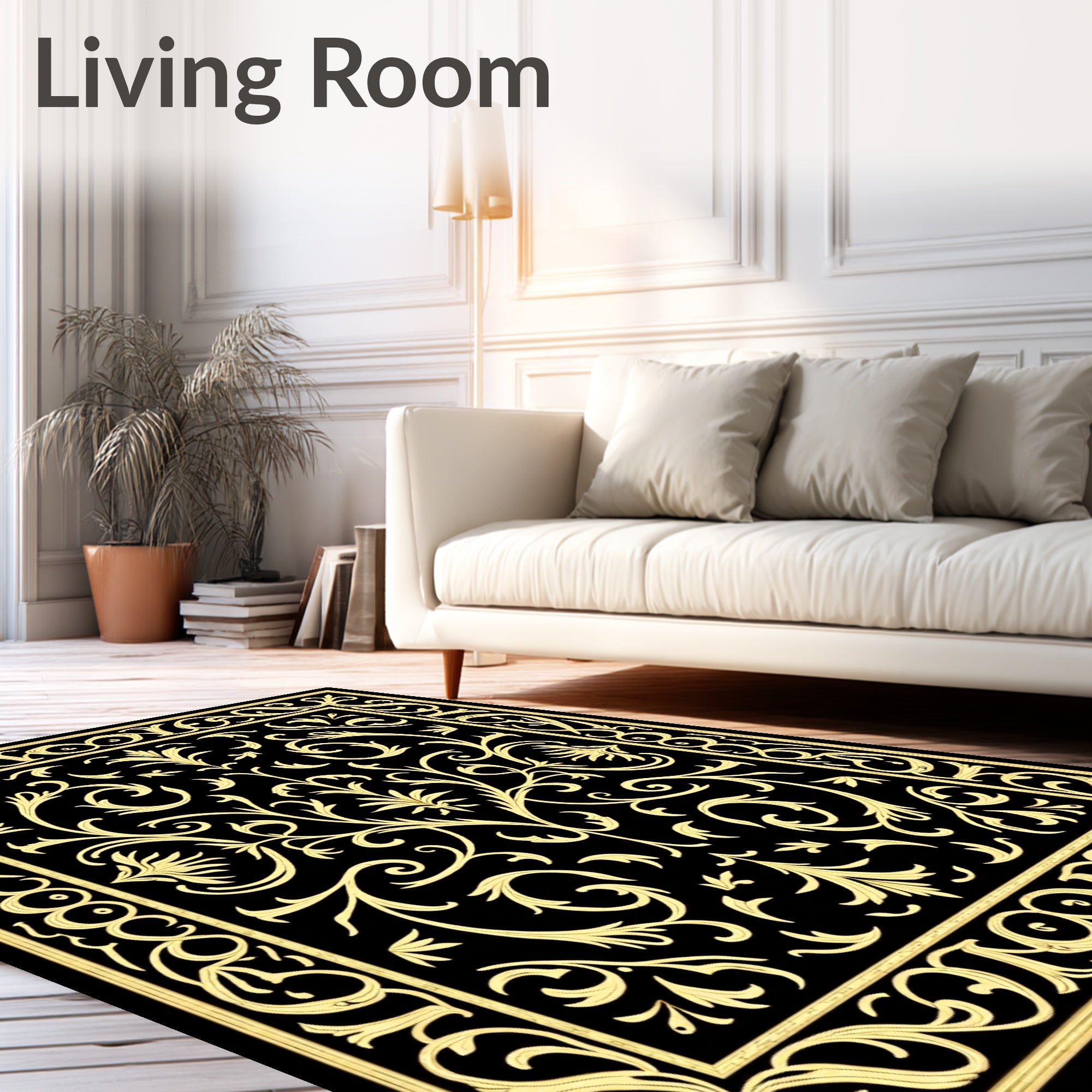Black Gold Elaborate Floral Scroll Rug