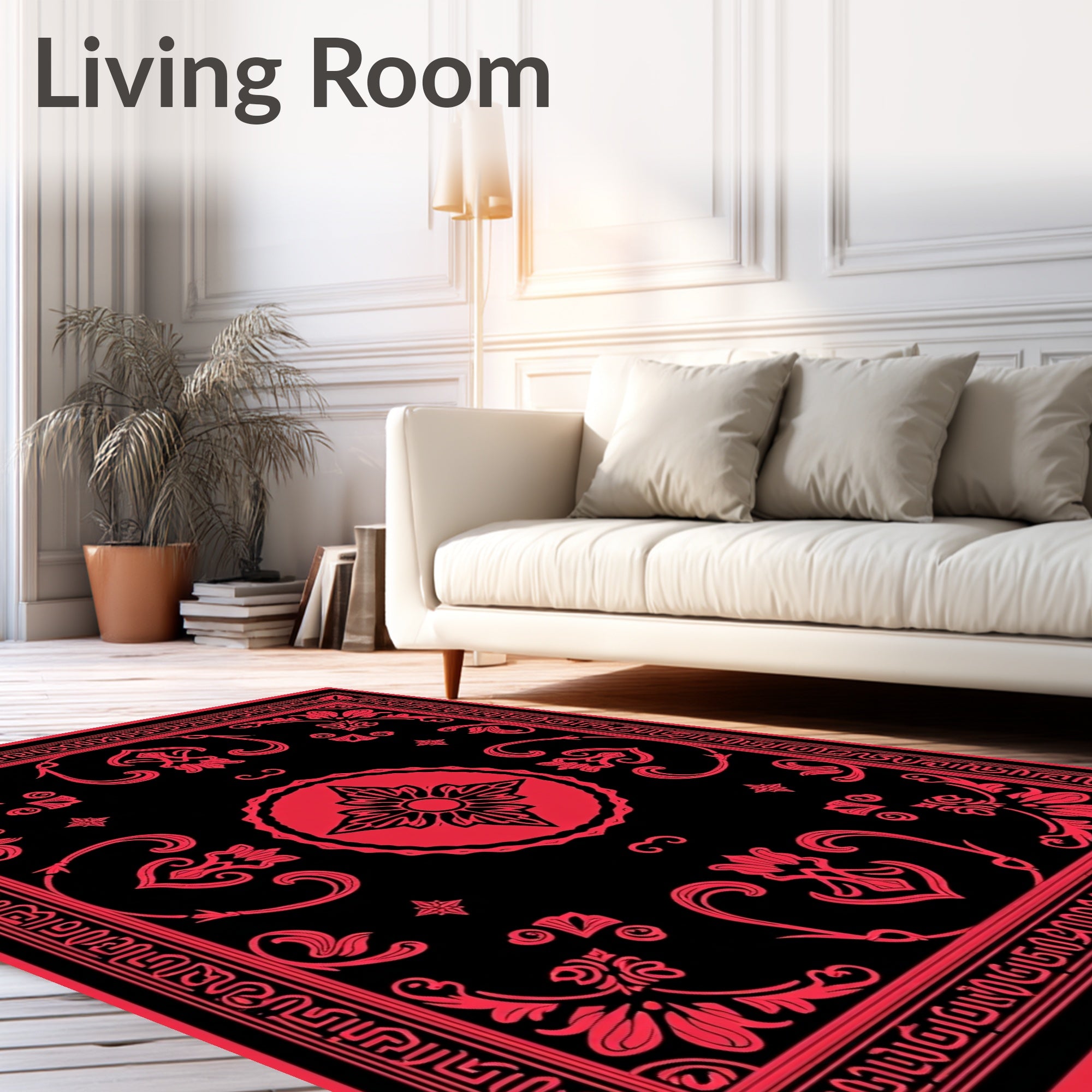 Crimson Floral Medallion Black Rug