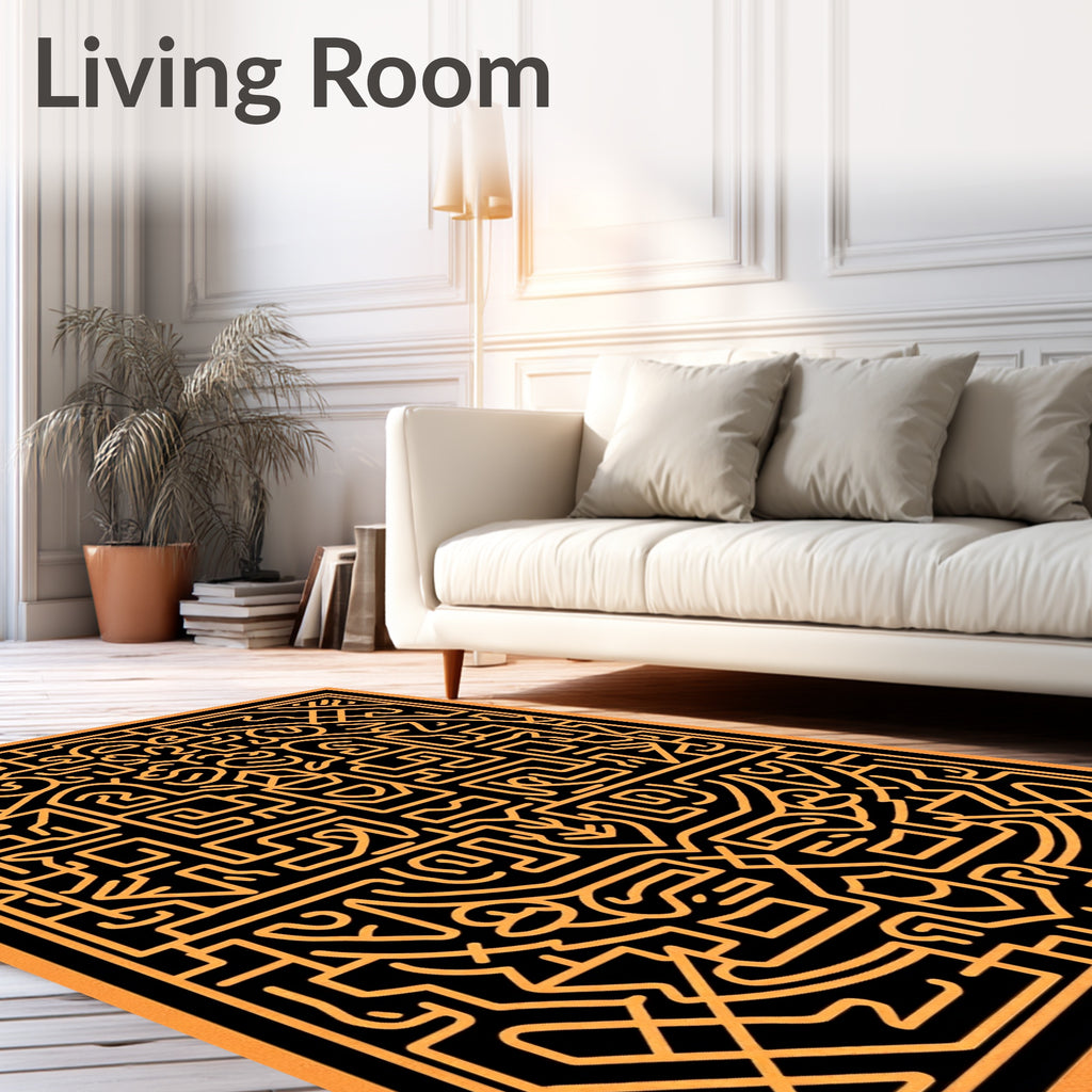 Orange Black Intricate Maze Graphic Rug
