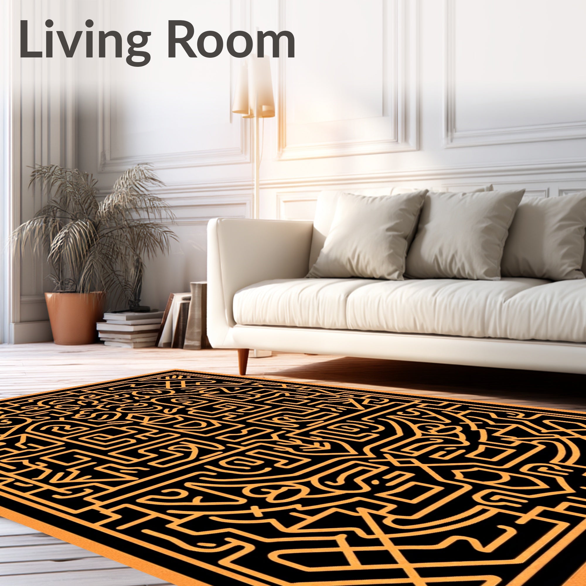 Orange Black Intricate Maze Graphic Rug