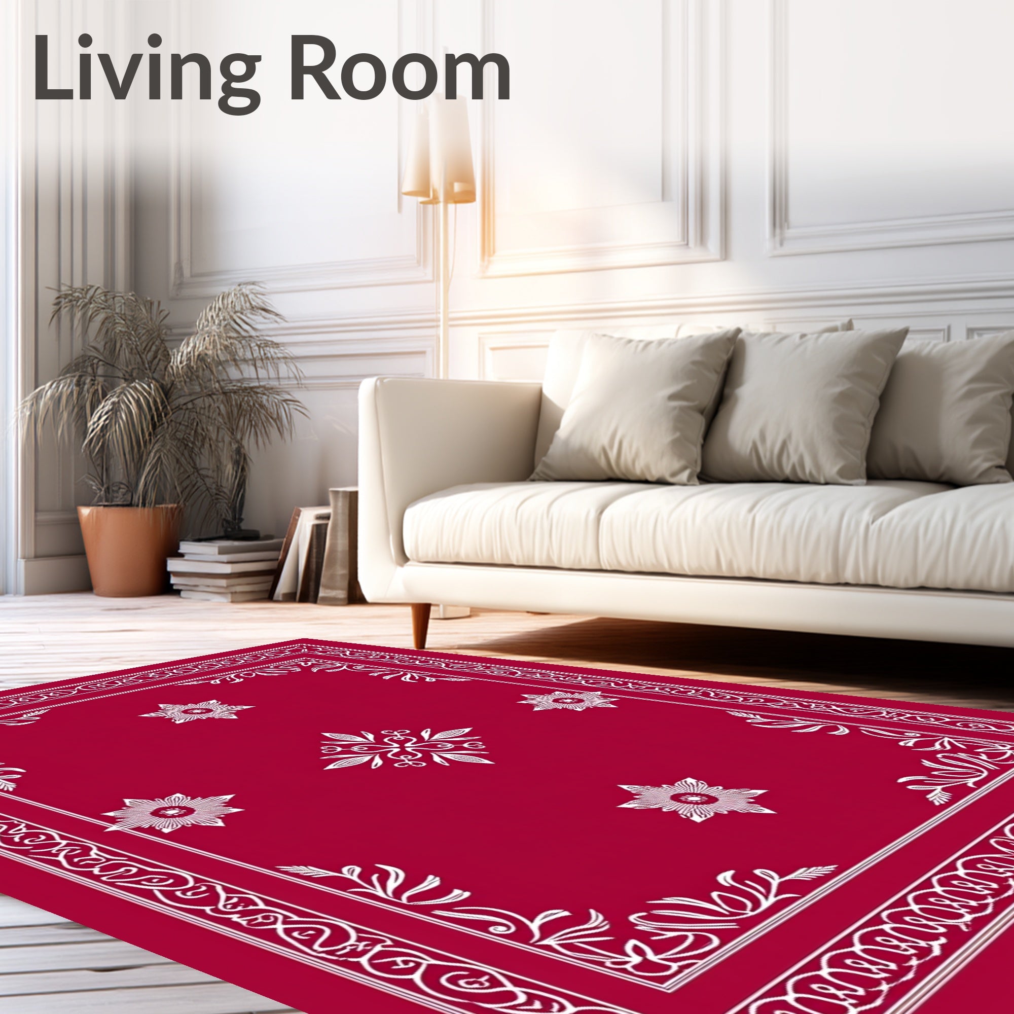 Crimson White Floral Mandala Border Rug