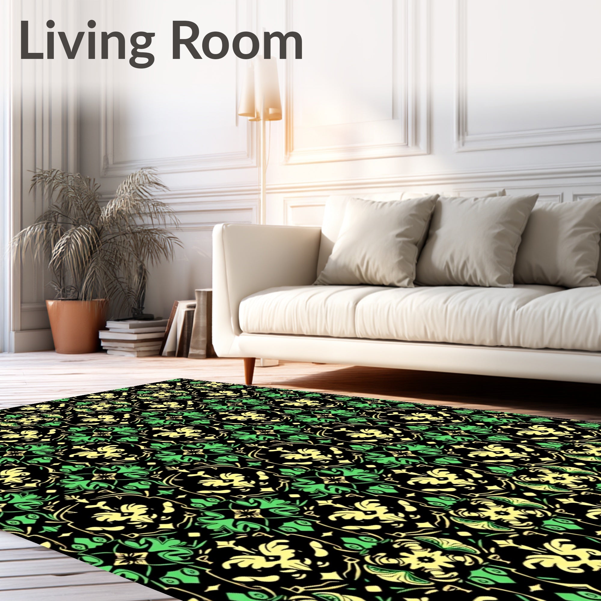 Ornate Black Emerald Floral Damask Rug