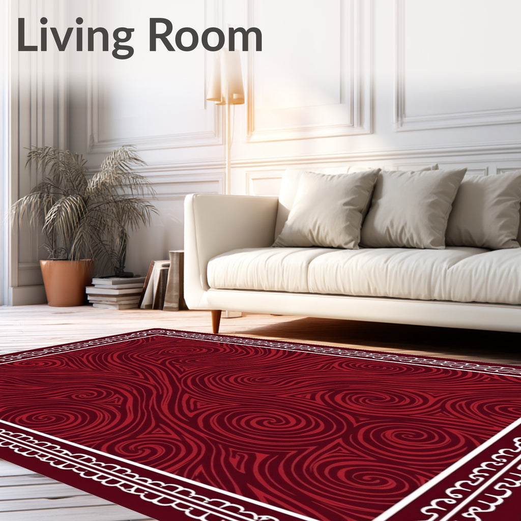 Deep Crimson Swirls Textured Border Rug