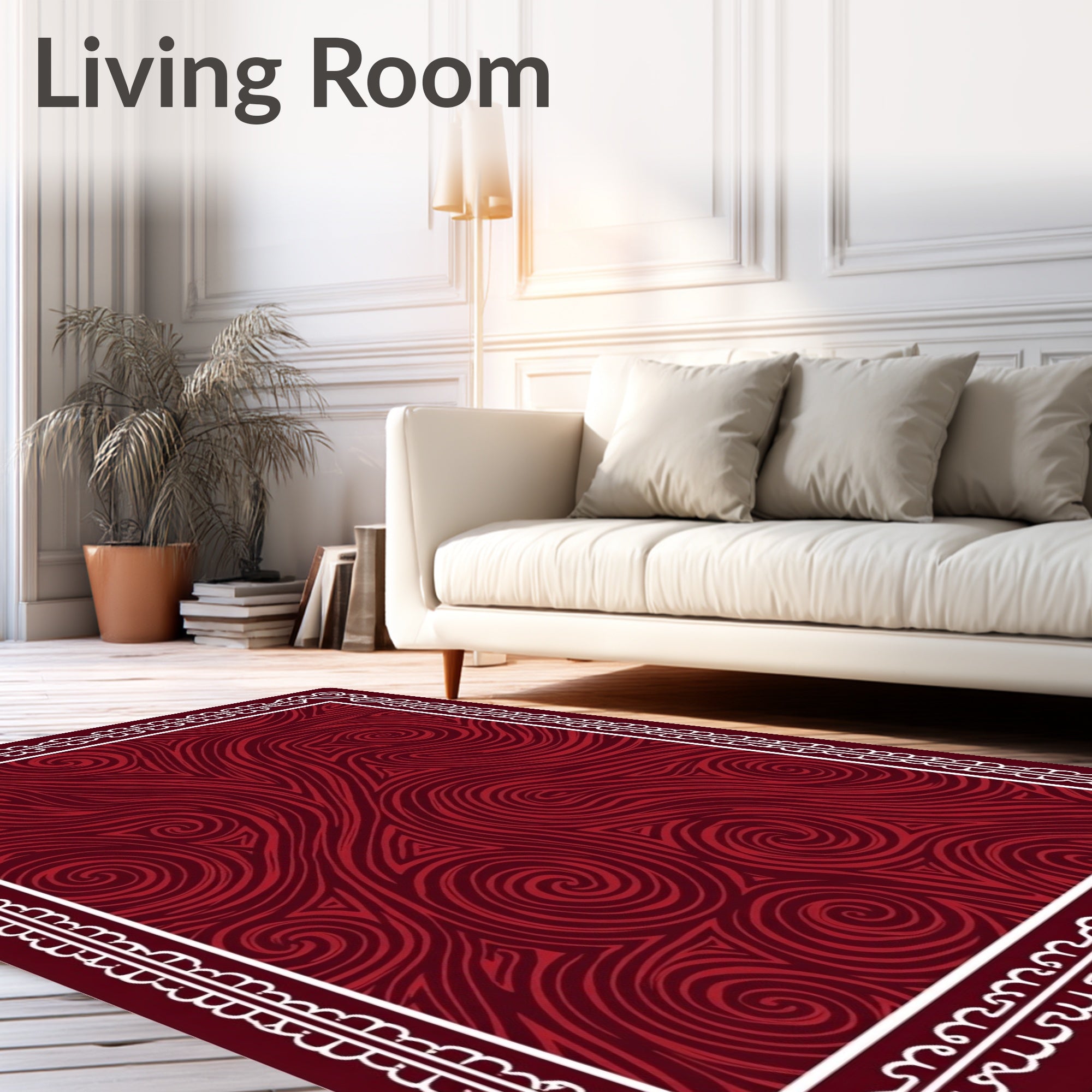 Deep Crimson Swirls Textured Border Rug