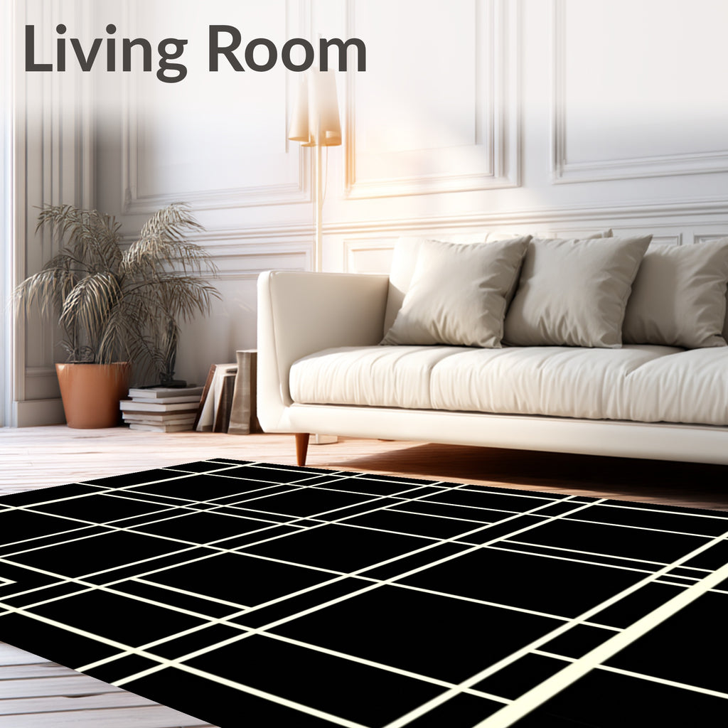 Modern Black Cream Geometric Grid Rug