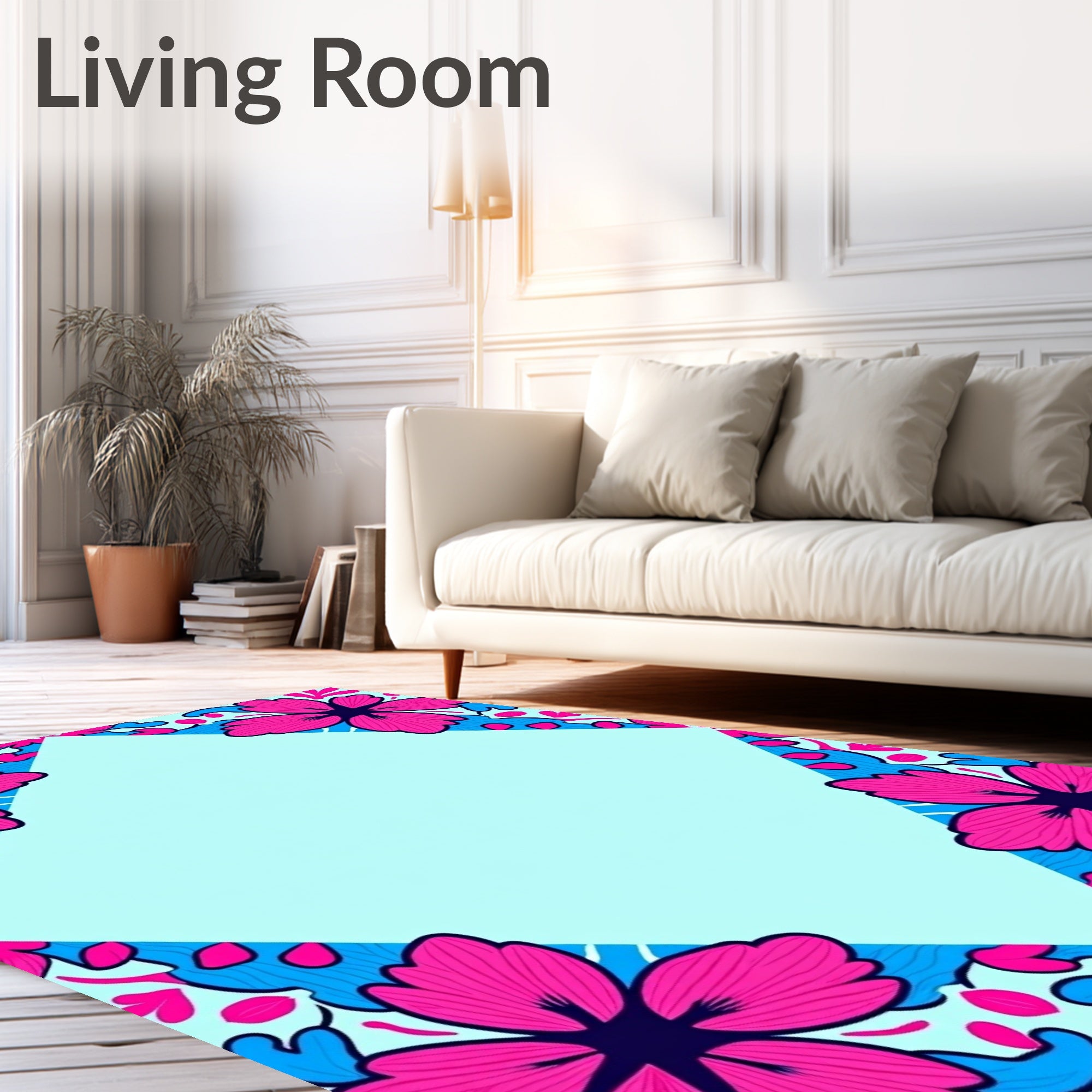 Vibrant Pink Blue Floral Corner Motif Rug
