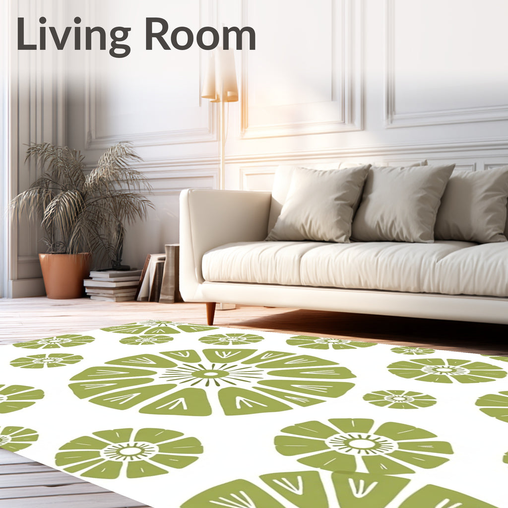 Olive Green Mid Century Floral Burst Rug