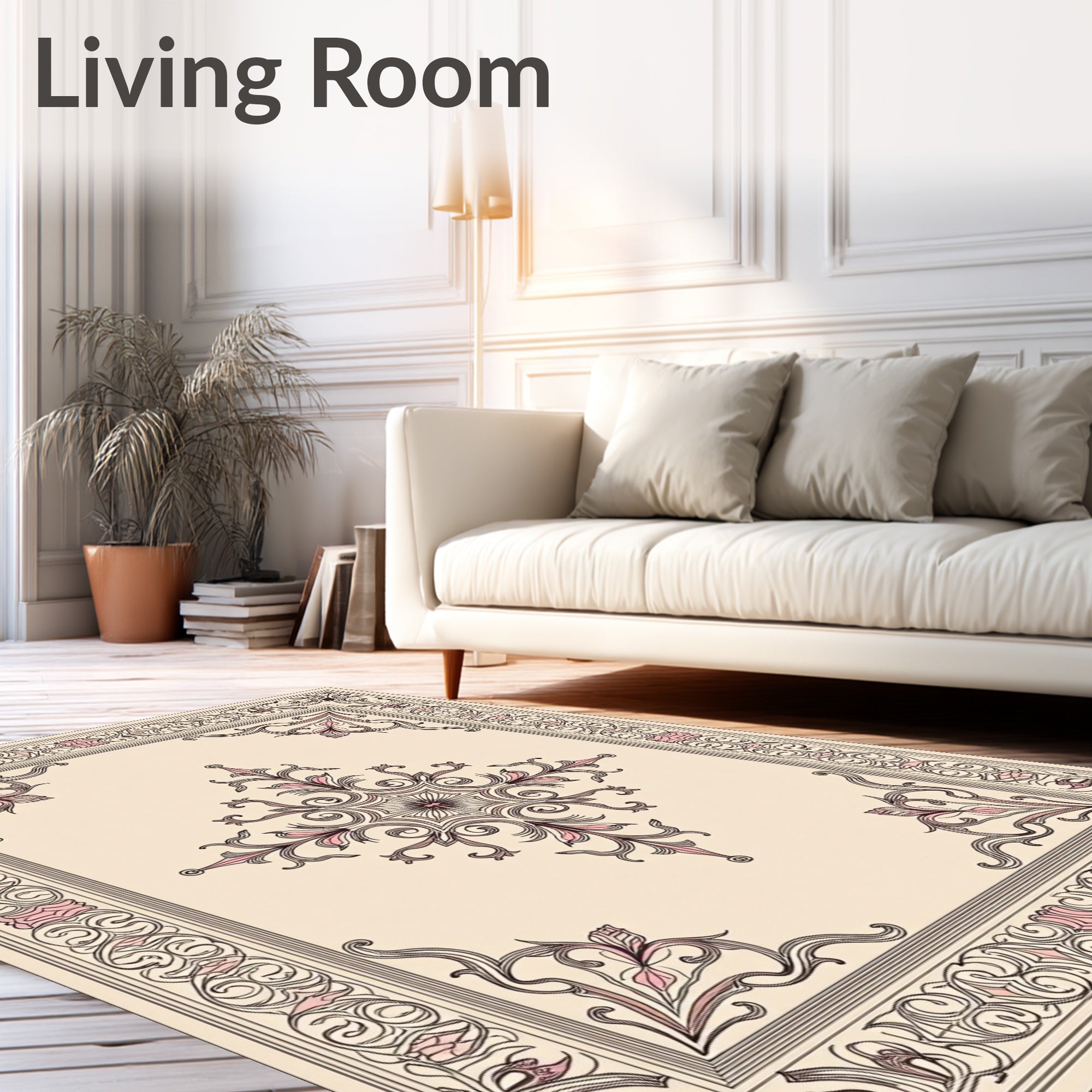 Elegant Cream Pink Floral Scroll Rug
