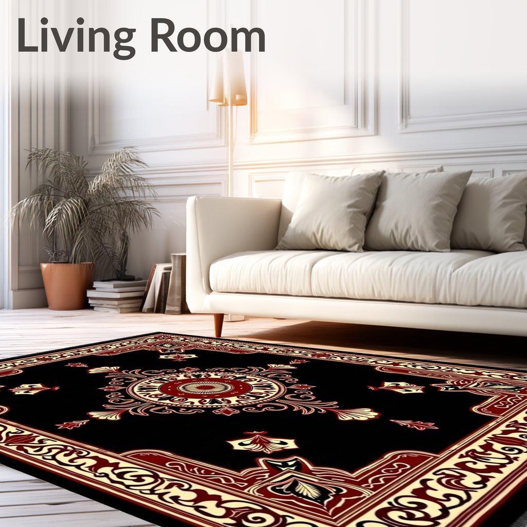 Black Red Cream Medallion Floral Border Rug