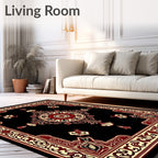 Black Red Cream Medallion Floral Border Rug