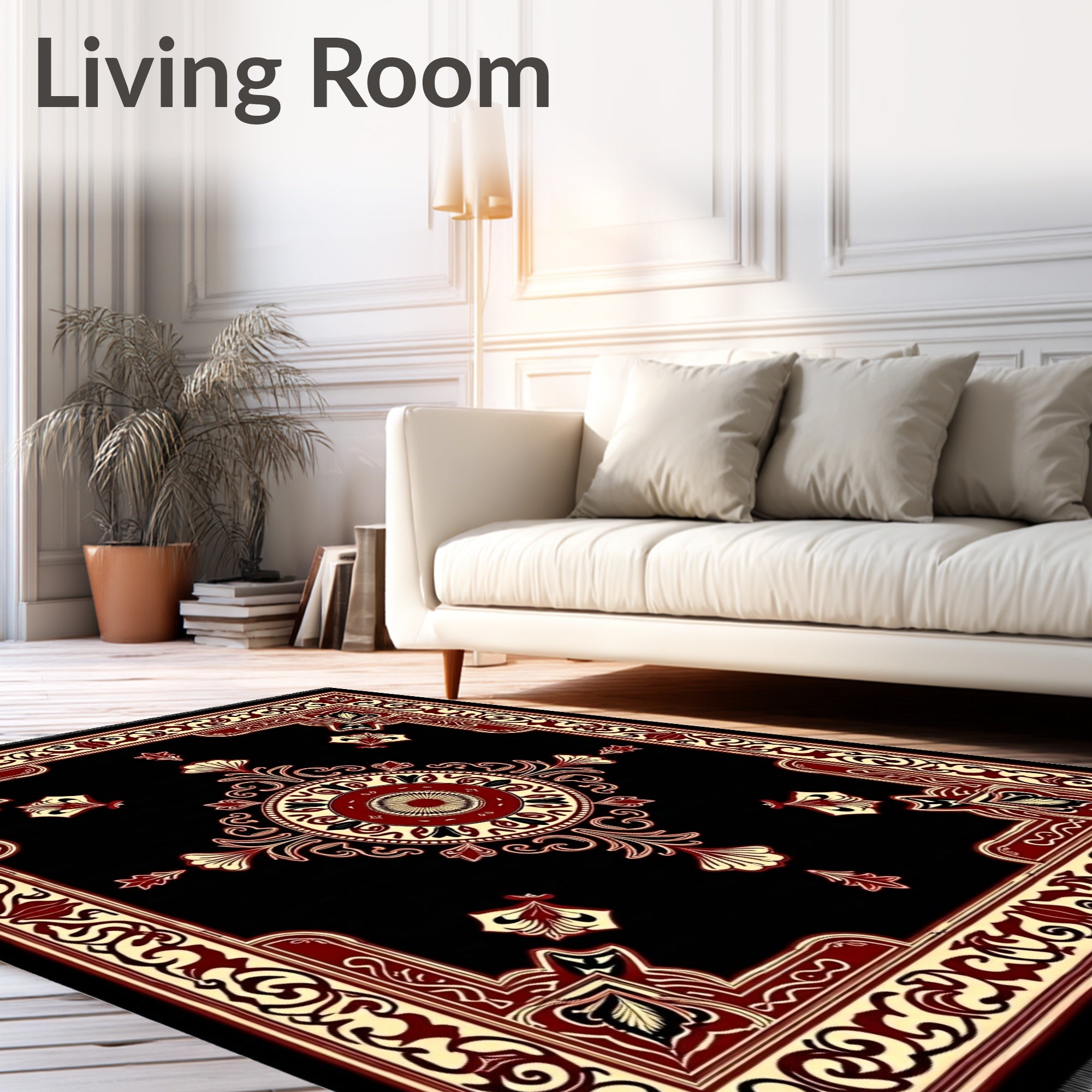 Black Red Cream Medallion Floral Border Rug