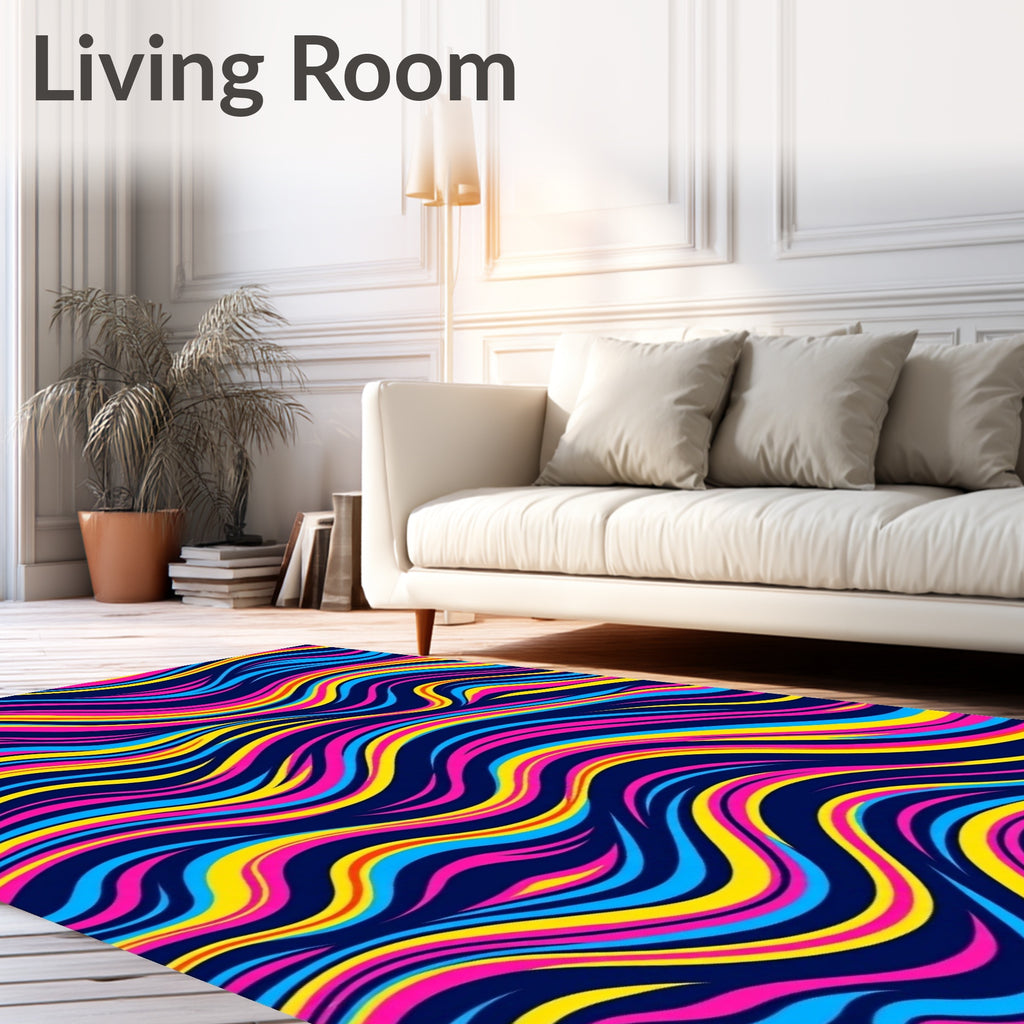 Vibrant Abstract Blue Yellow Pink Waves Rug
