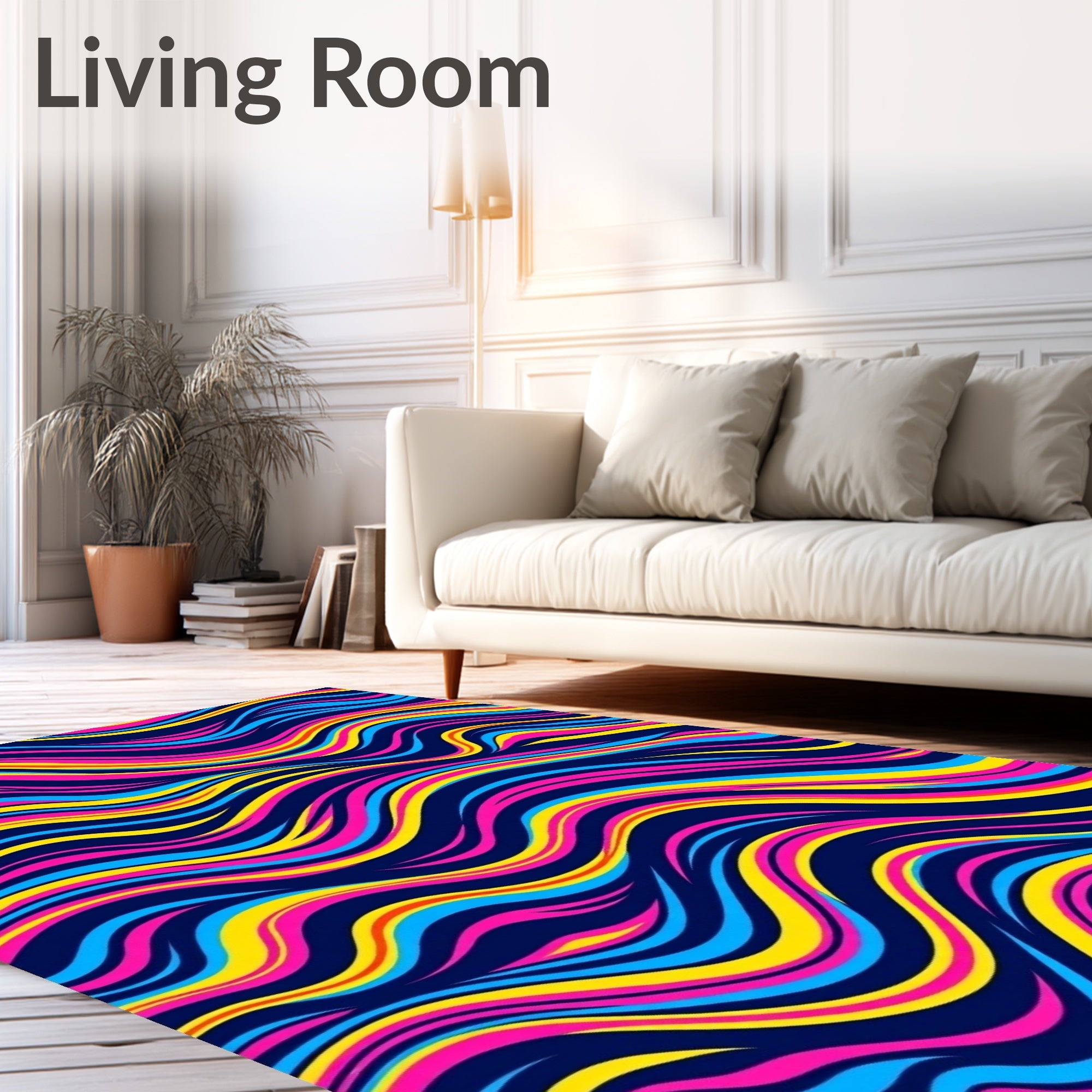 Vibrant Abstract Blue Yellow Pink Waves Rug