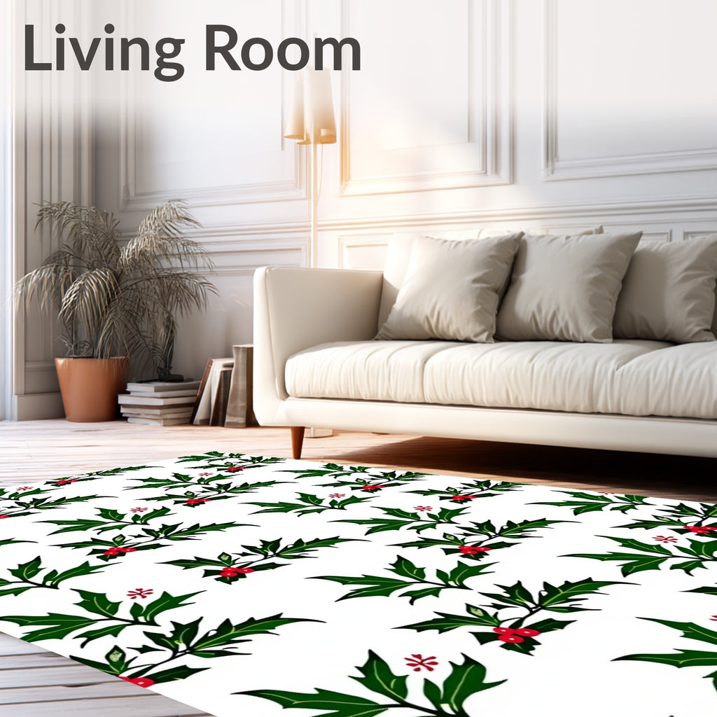 Festive Green Holly Berry Sprig Rug