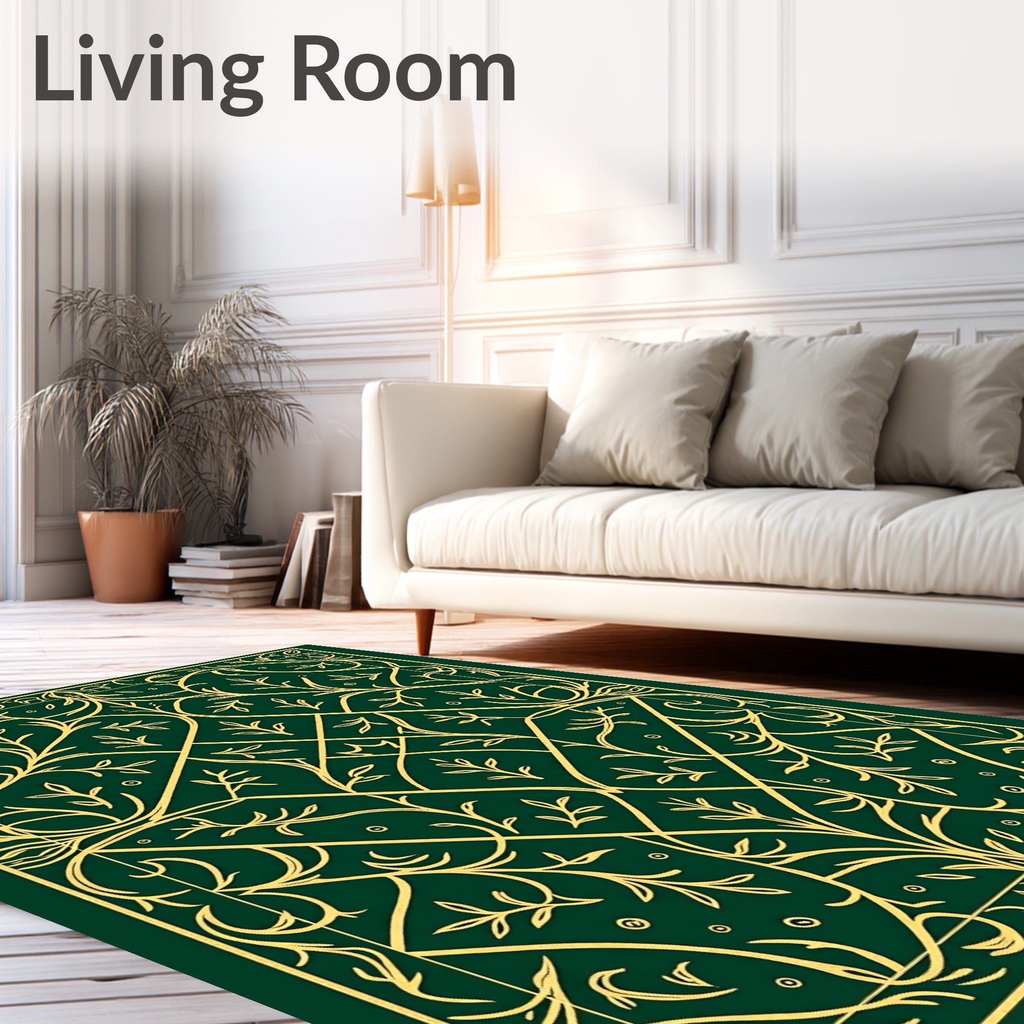 Emerald Green Golden Vine Scroll Rug