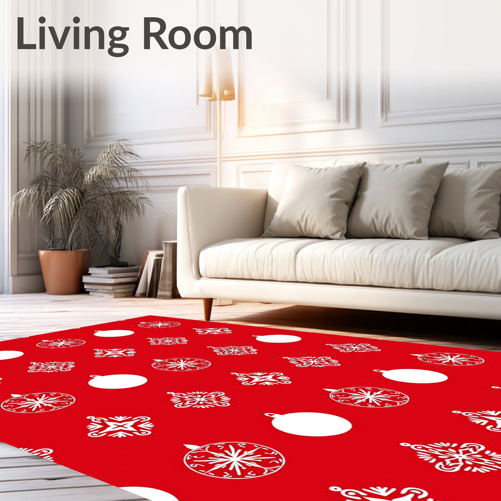 Red White Festive Ornament Snowflakes Rug