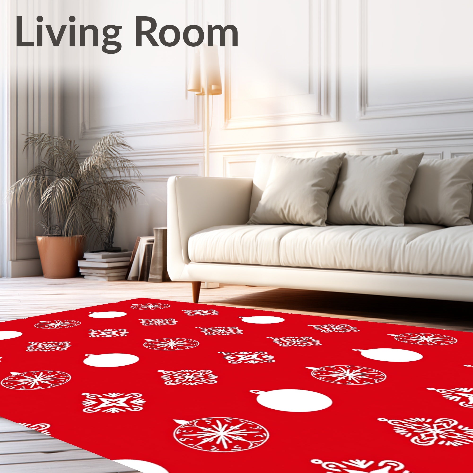 Red White Festive Ornament Snowflakes Rug