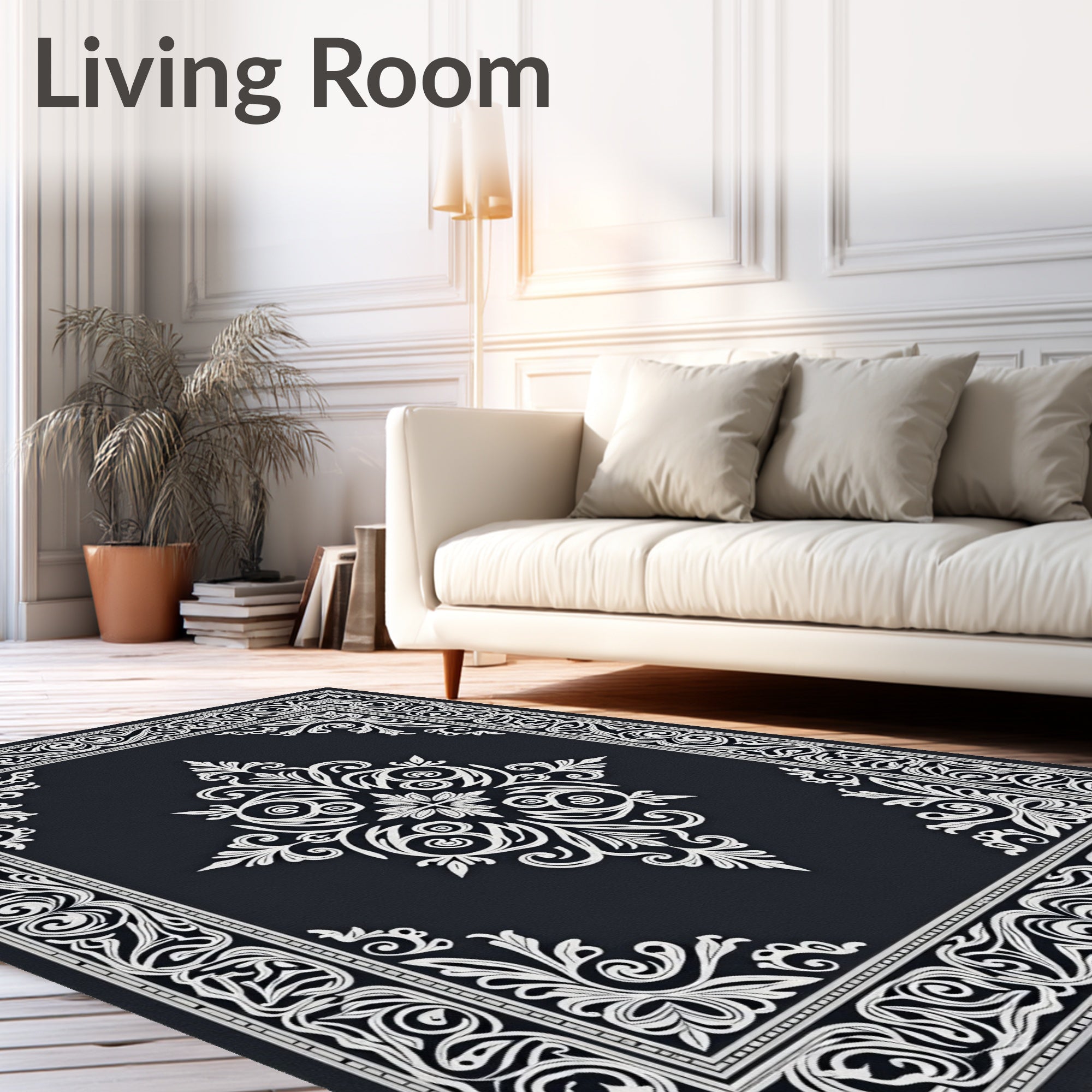 Ornate Black White Scrollwork Interior Rug