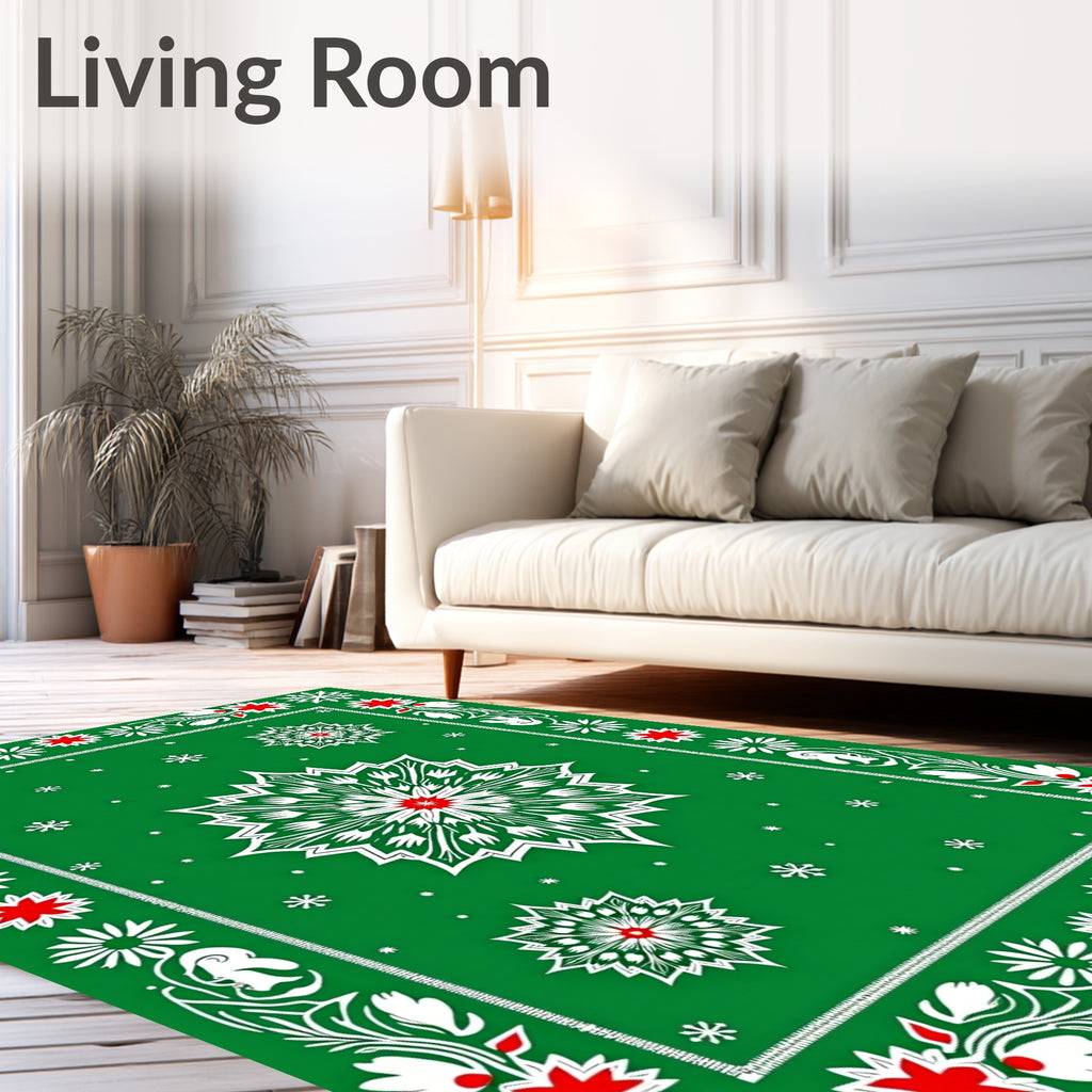 Green White Red Festive Snowflake Medallion Rug