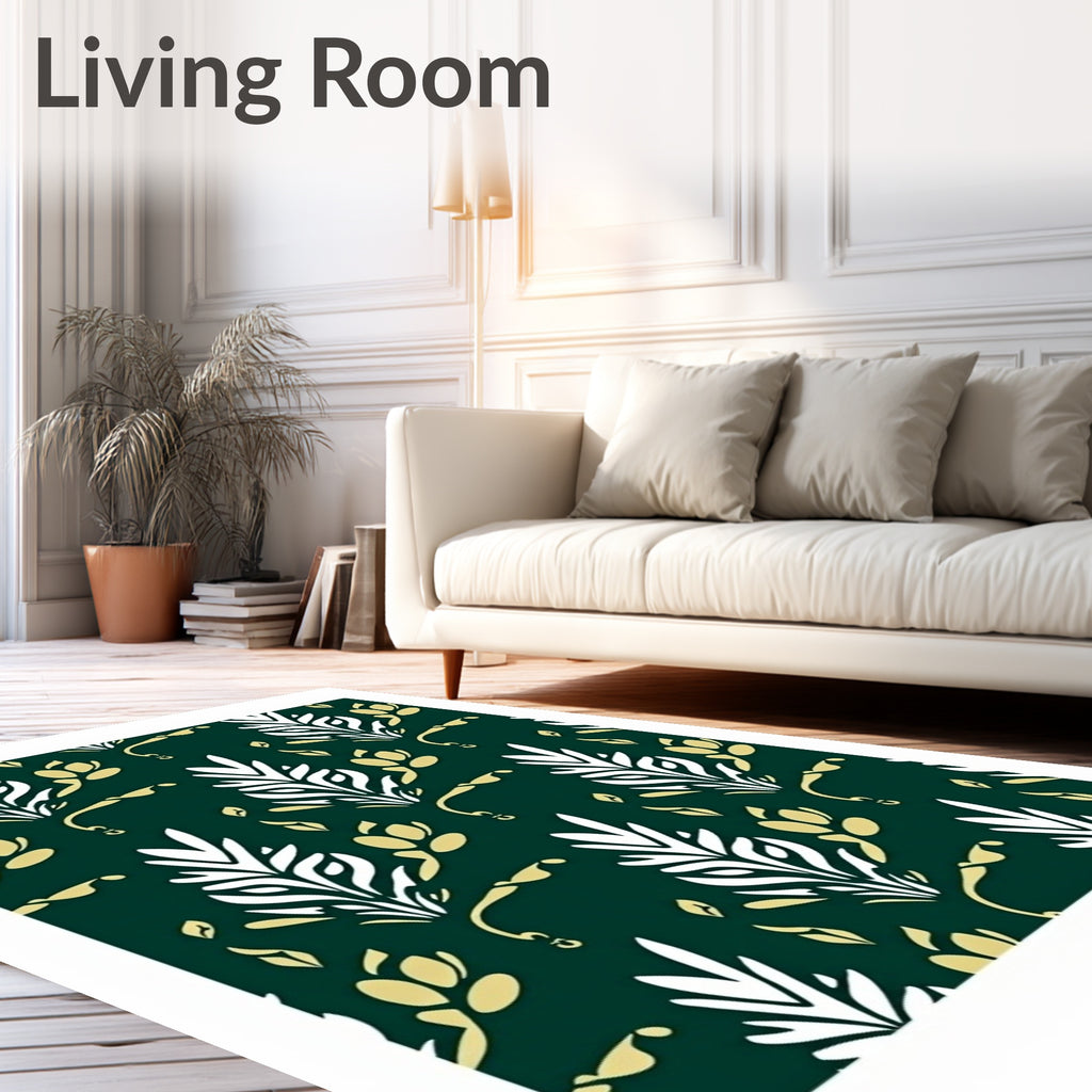 Green Gold White Floral Branch Rug