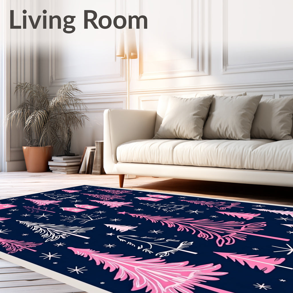 Pink Forest With White Stars And Houses Rug