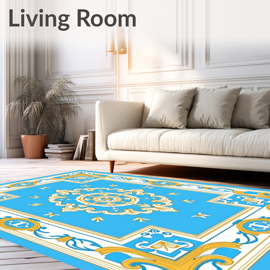 Golden White Blue Medallion Frame Rug