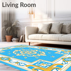 Golden White Blue Medallion Frame Rug