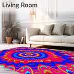 Vibrant Blue Pink Yellow Circular Mandala Rug