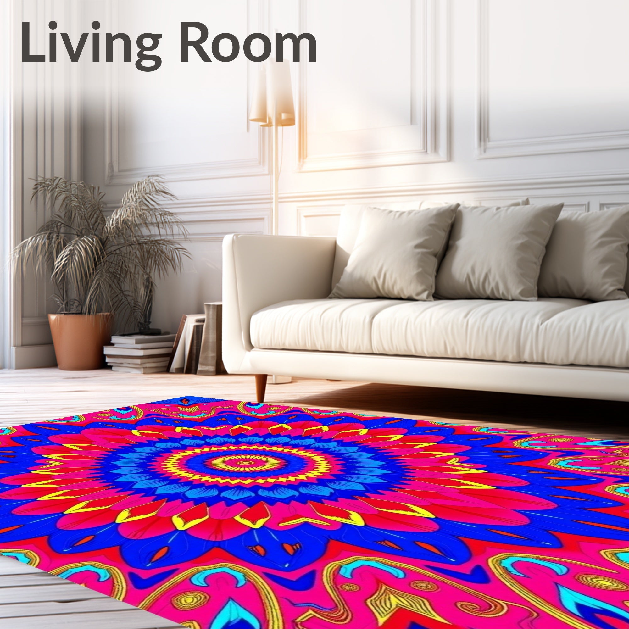 Vibrant Blue Pink Yellow Circular Mandala Rug