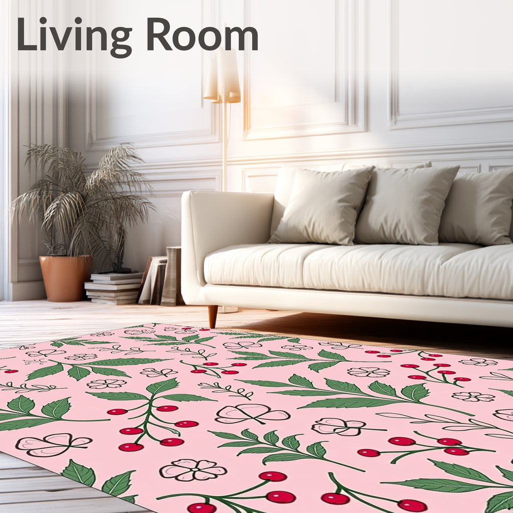 Pink Botanical Berry Leaf Arrangement Rug