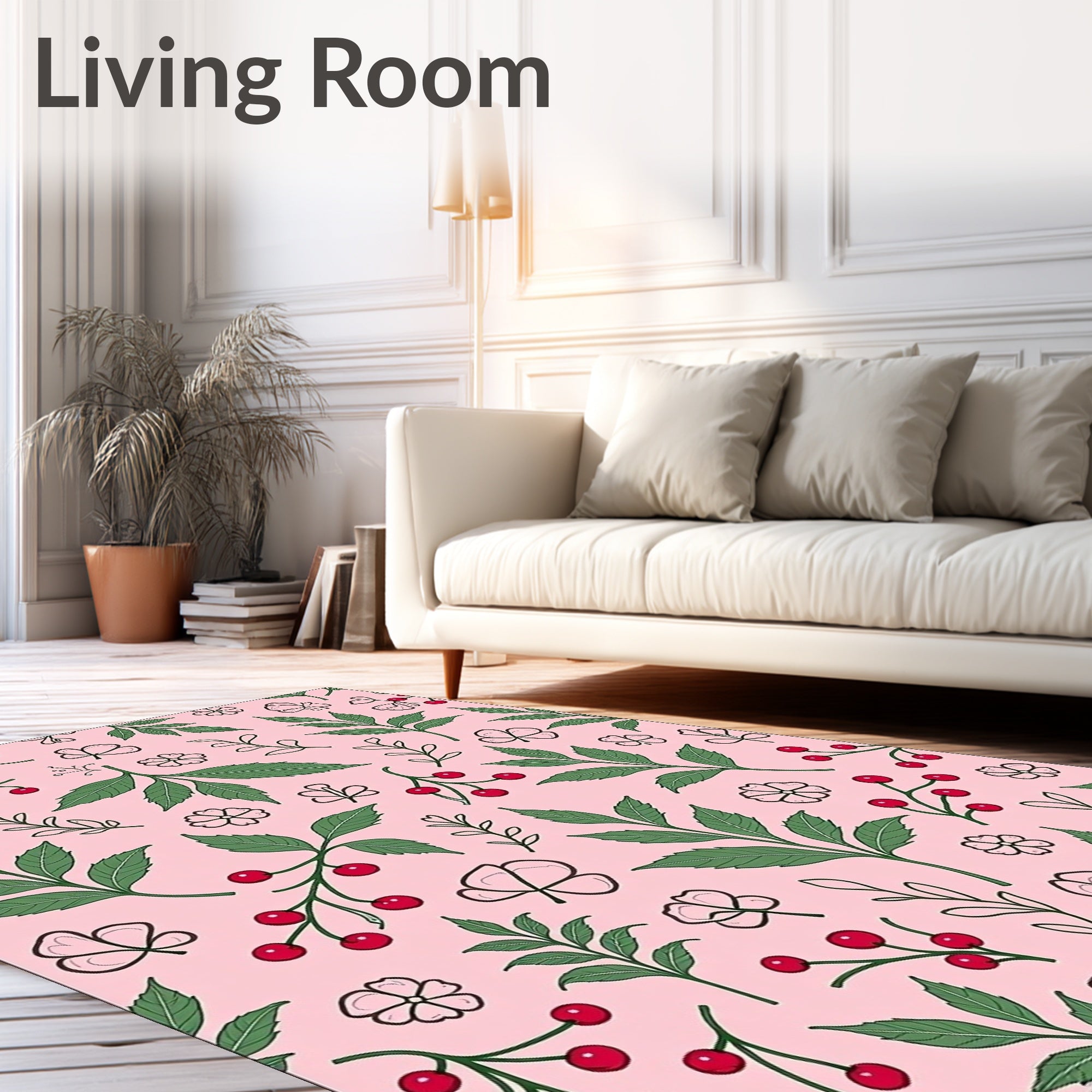 Pink Botanical Berry Leaf Arrangement Rug