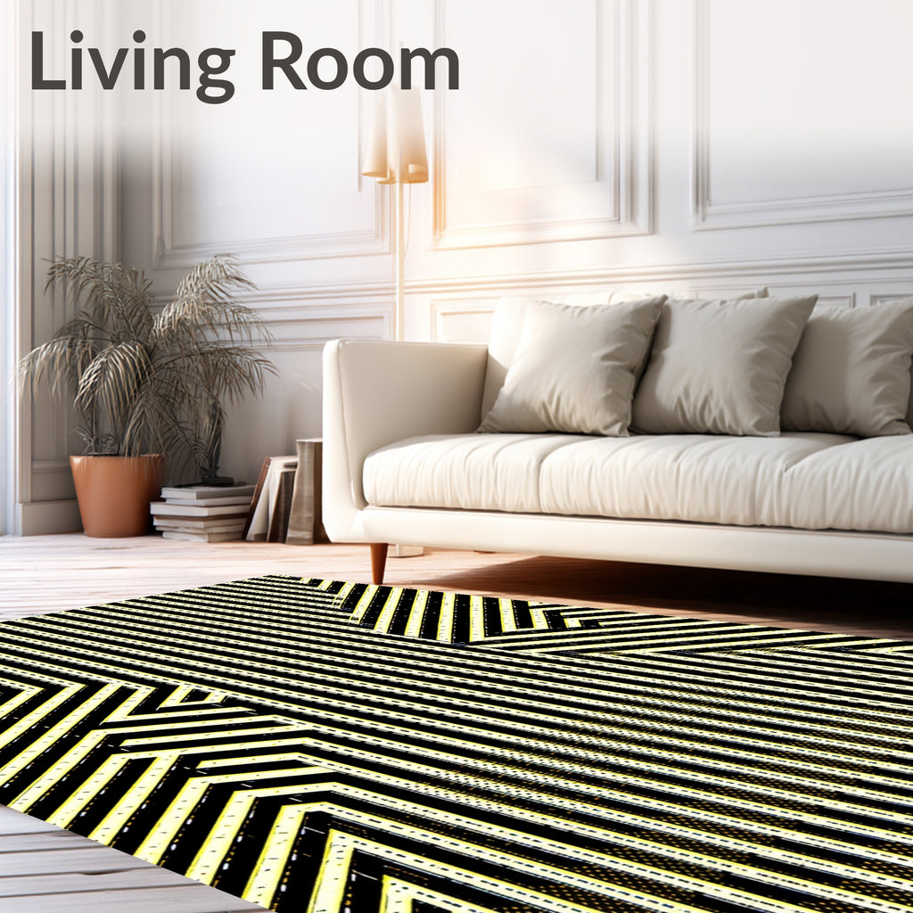Modern Black Yellow Geometric Stripes Rug