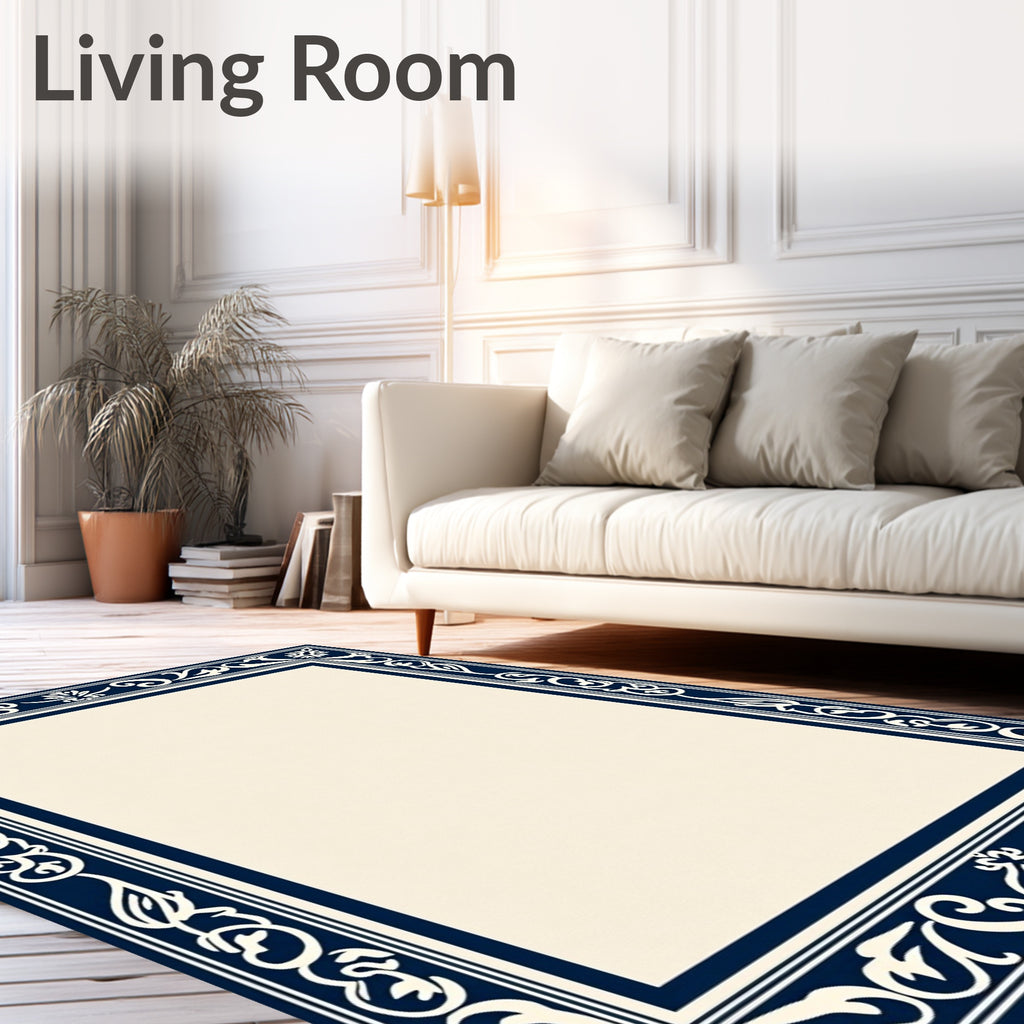 Elegant Cream Navy Floral Border Rug