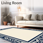Elegant Cream Navy Floral Border Rug