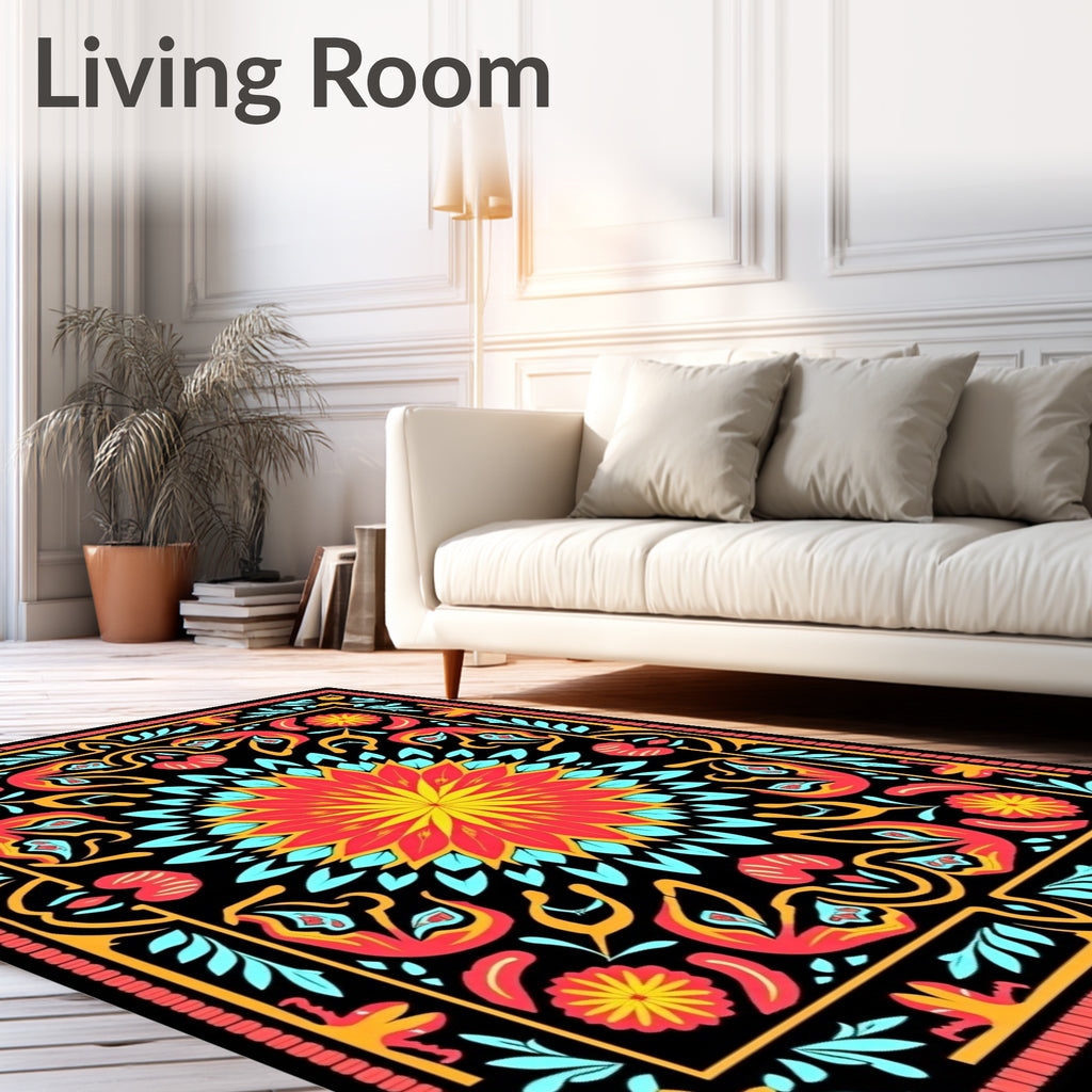 Vibrant Coral Yellow Black Floral Medallion Rug