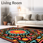 Vibrant Coral Yellow Black Floral Medallion Rug